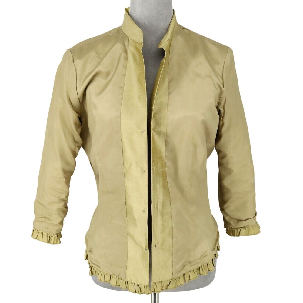 Cache Jacket Womens 8 All Silk Green Gold Lined Pleated Trim Lightweight Vintage - Picture 10 of 12